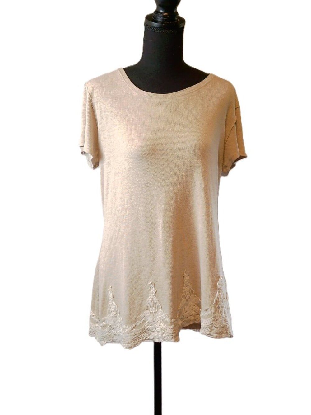 Jolt Beige Ribbed Short Sleeve Tunic Top Lace Hem Stretch Boho Large XL